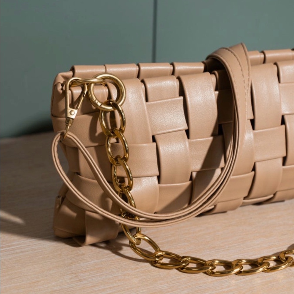 Woven Leather Shoulder Bag in Tan with Gold Chain